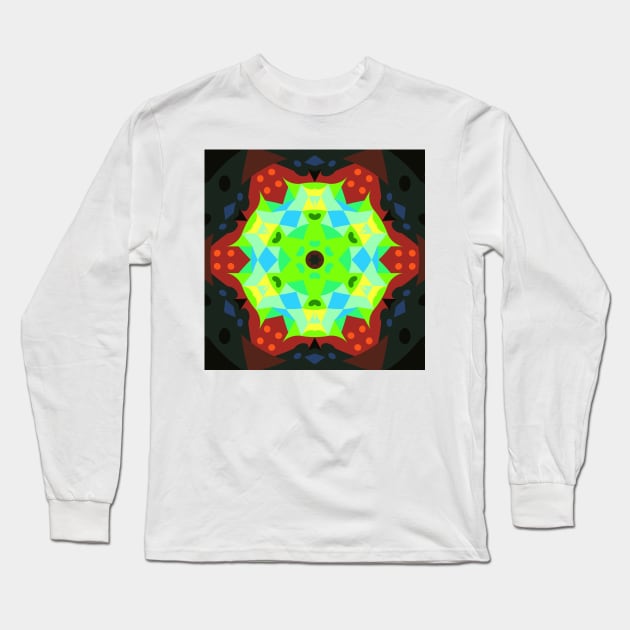 Retro Mandala Flower Green Red and Blue Long Sleeve T-Shirt by WormholeOrbital